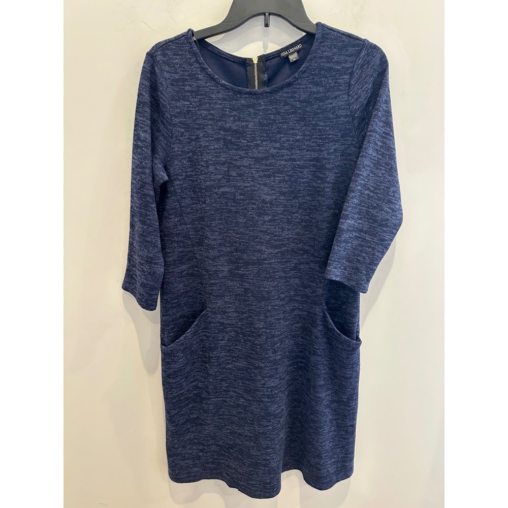 Nina Leonard Navy Blue Marled Knit Shift Dress Pockets Long Sleeve Size M